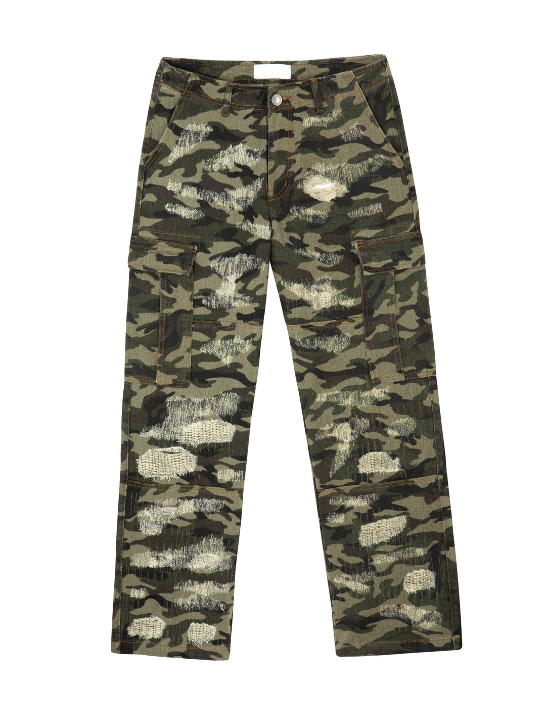 MFOURFIVE Heavy Distressed Camo Cargo Pants