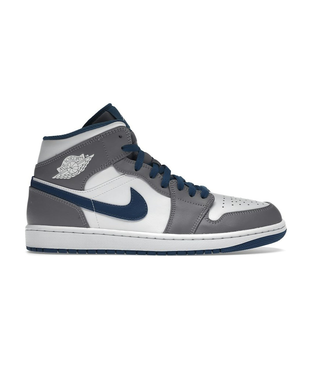 NIKE MEN'S AIR JORDAN 1 MID CEMENT GREY TRUE BLUE סניקרס נייקי אייר ג׳ורדן 1 מיד אפור לבן וכחול לגברים