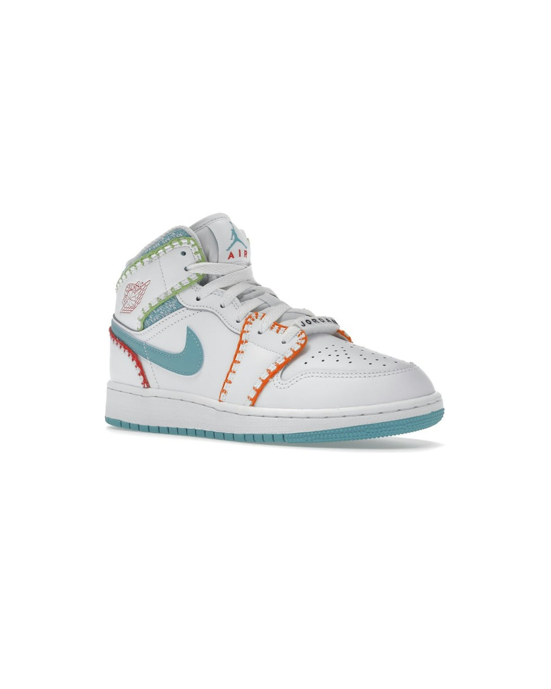 NIKE KIDS' AIR JORDAN 1 MID SE GS MULTI KNIT - סניקרס נוער נייקי אייר ג׳ורדן 1 מיד לבן טורקיז וורוד - מידות נוער 35.5-40 - תמונה 3