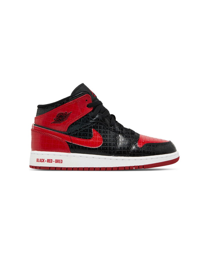 NIKE KIDS' AIR JORDAN 1 MID SS GS SNEAKER SCHOOL BLACK GYM RED סניקרס נוער נייקי אייר ג׳ורדן 1 מיד סניקר סקול שחור אדום ולבן - מידות נוער 35.5-40