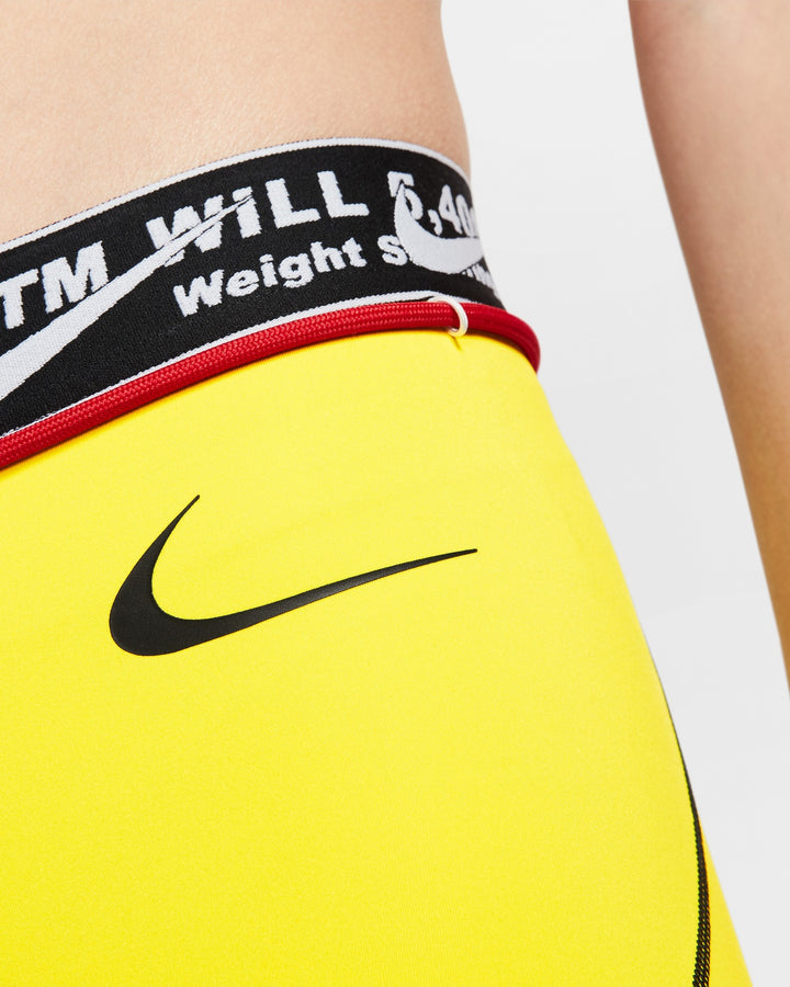 NIKE WOMEN'S PRO SHORTS X OFF-WHITE OPTI YELLOW - טייץ קצר נייקי פרו אוף-וויט צהוב לנשים - תמונה 4