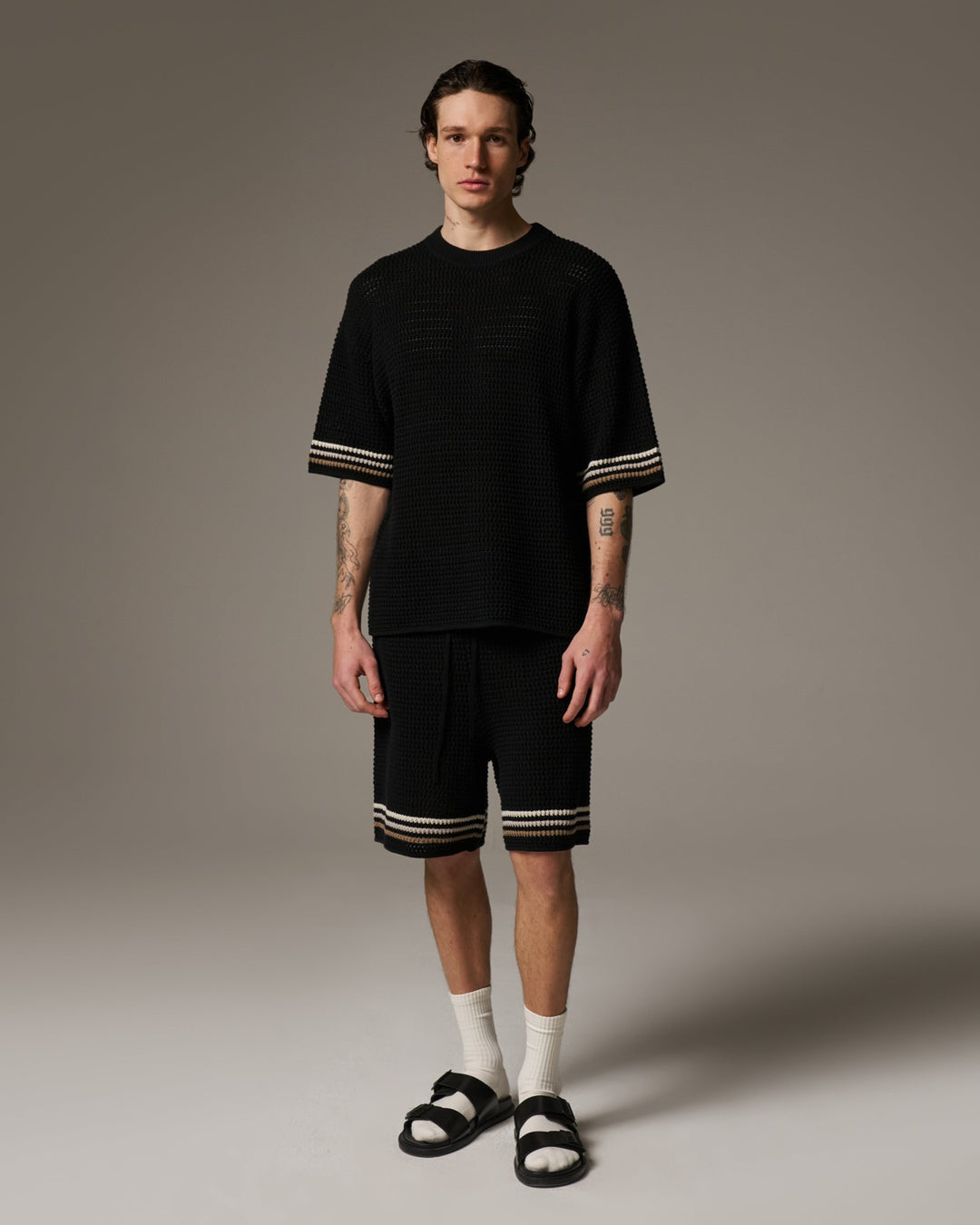 STRIPE CROCHET KNIT T-SHIRT BLACK