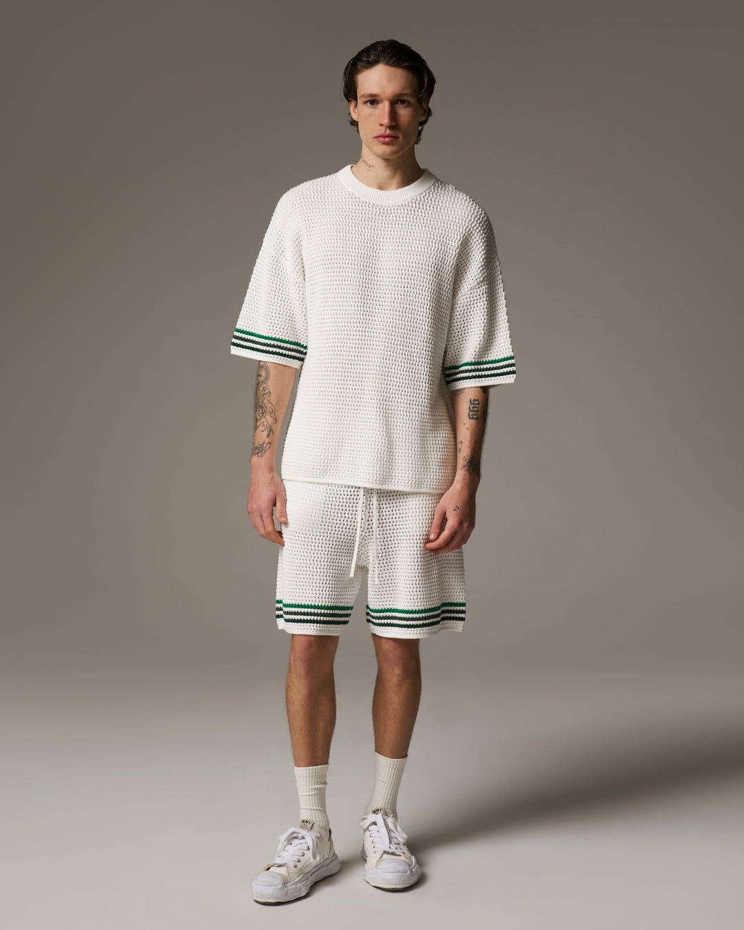 STRIPE CROCHET KNIT T-SHIRT WHITE