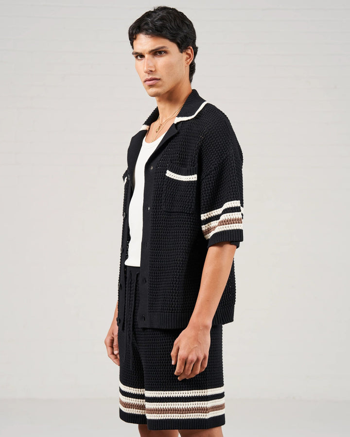 STRIPE TRIM CROCHET KNITTED SHIRT