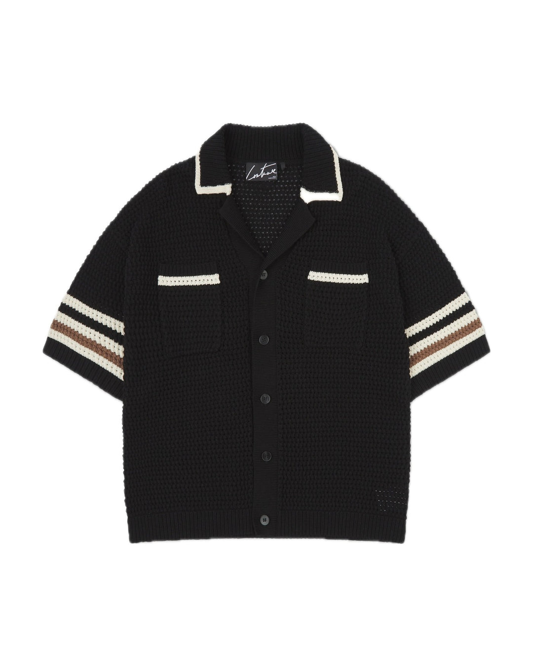 STRIPE TRIM CROCHET KNITTED SHIRT