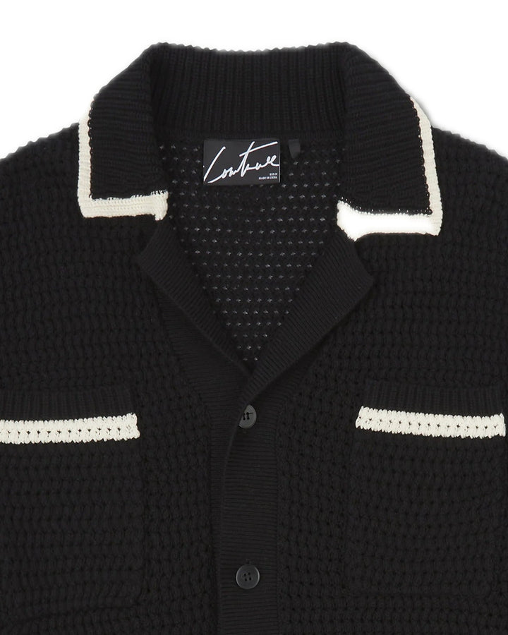 STRIPE TRIM CROCHET KNITTED SHIRT