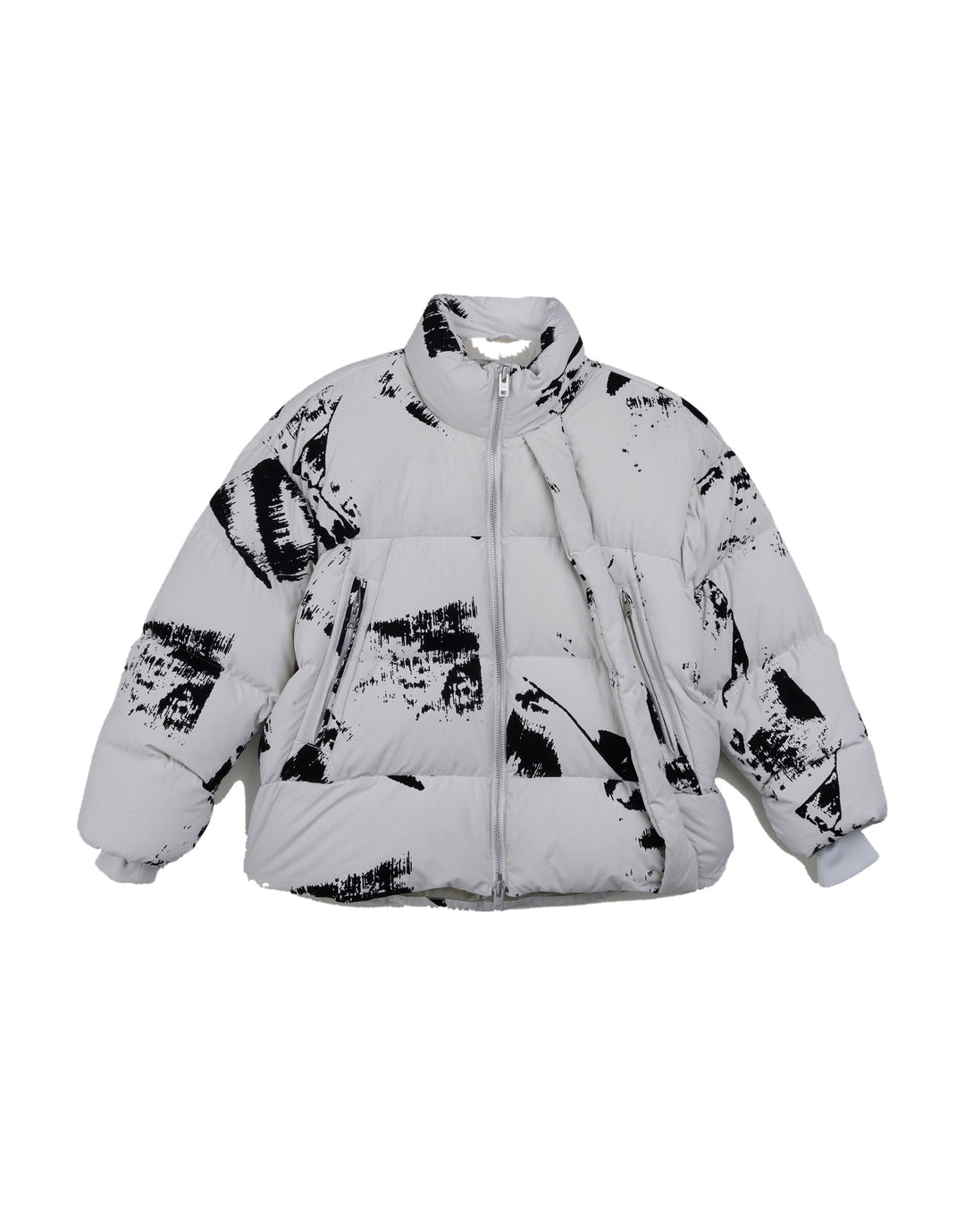 Y-3 WOMEN'S GRAPHIC FLOCK PUFFER JACKET ORBIT GREY BLACK - מעיל פוך Y-3 לבן-אפרפר עם הדפס שחור לנשים - תמונה 1