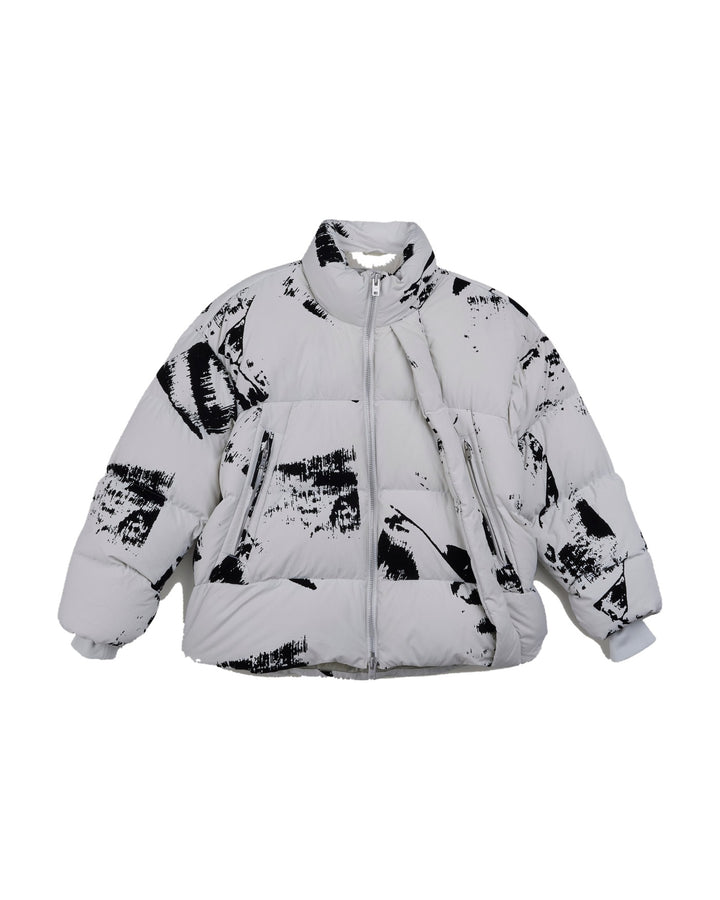 Y-3 WOMEN'S GRAPHIC FLOCK PUFFER JACKET ORBIT GREY BLACK - מעיל פוך Y-3 לבן-אפרפר עם הדפס שחור לנשים - תמונה 1